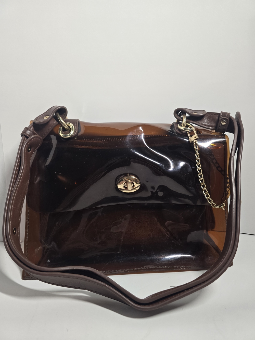 Brown Transparent Crossbody Bag with Gold Turn-Lock